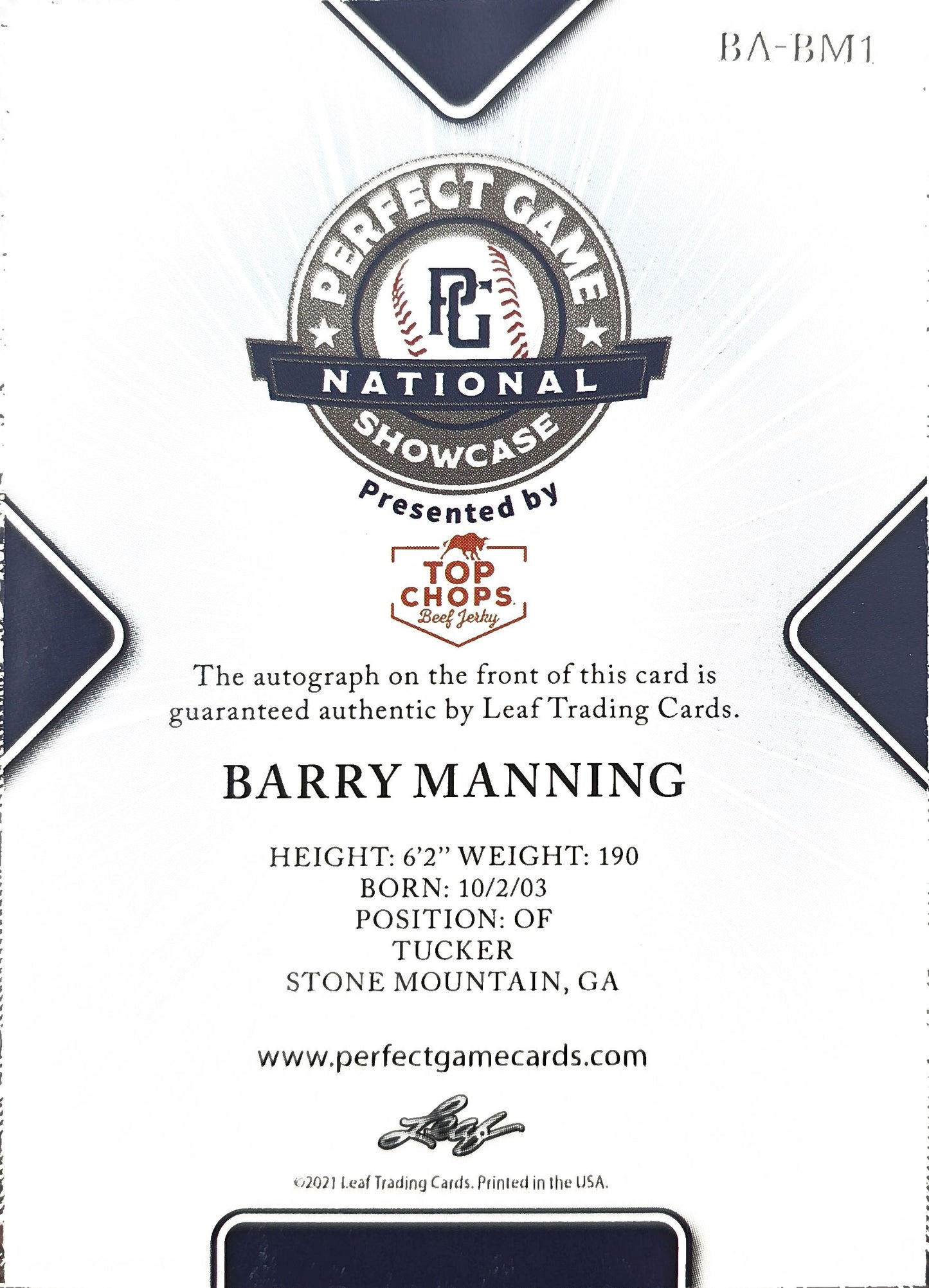 Barry Manning 2021 Leaf Perfect Game National Showcase Auto Green 9/10 #AB-BM1