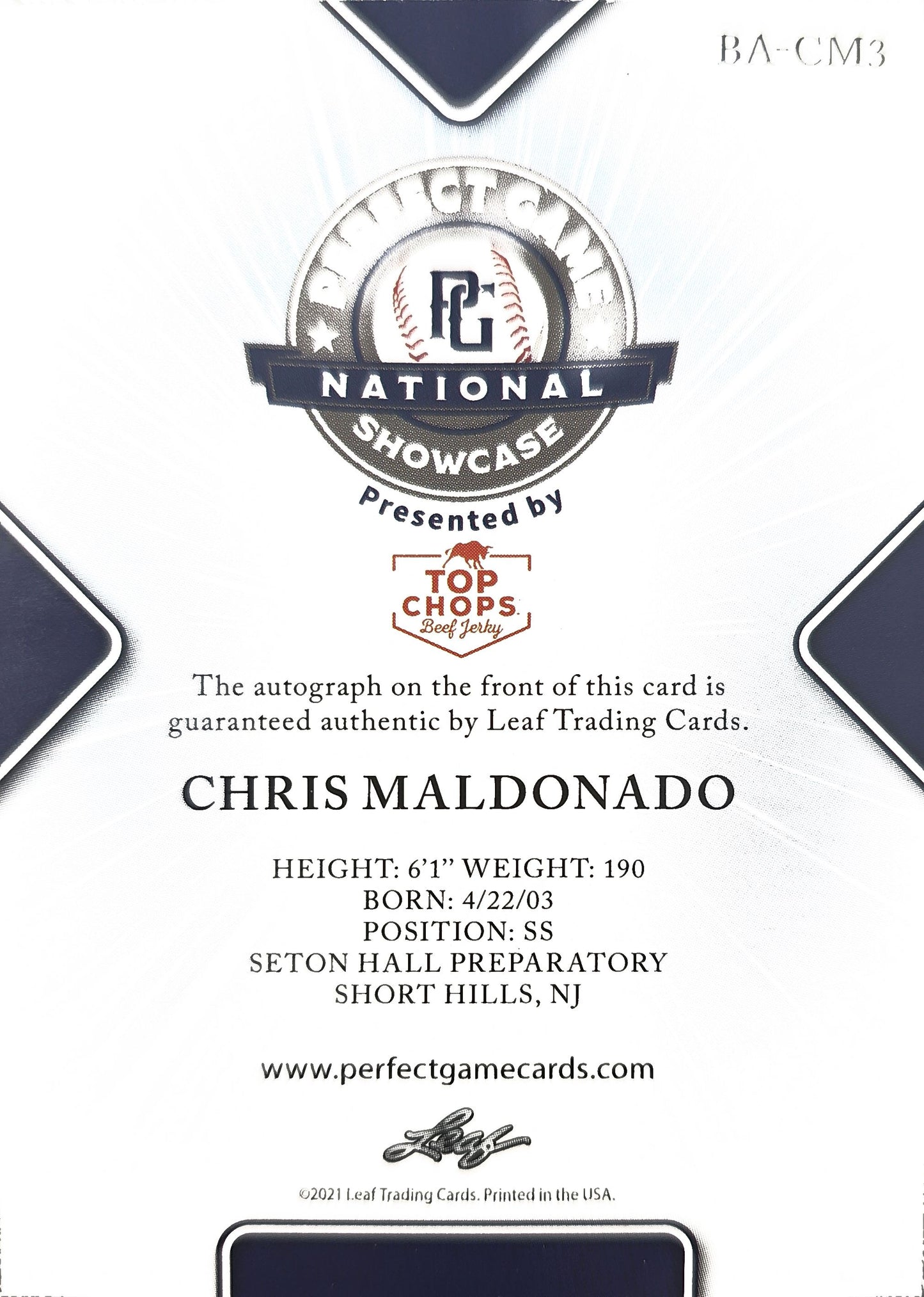 Chris Maldonado 2021 Leaf Perfect Game National Showcase Auto Pink 1/3 #BA-CM3