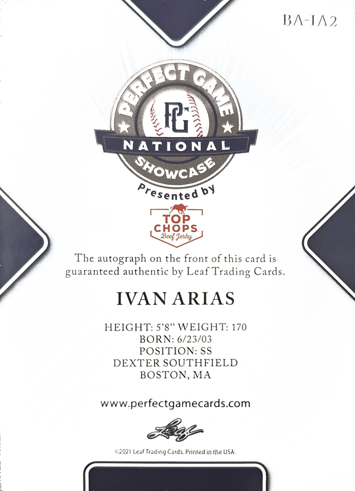 Ivan Arias 2021 Leaf Perfect Game National Showcase Auto Blue 11/15 #BA-IA2