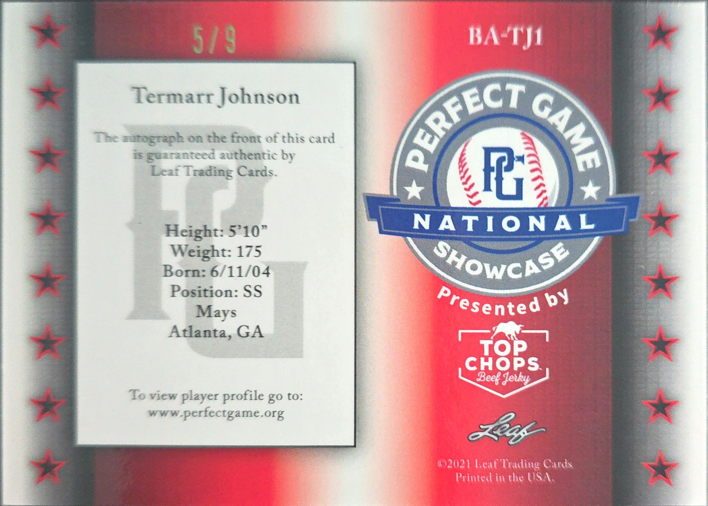 Temarr Johnson 2021 Leaf Perfect Game National Showcase Auto Blue 5/9 #BA-TJ1