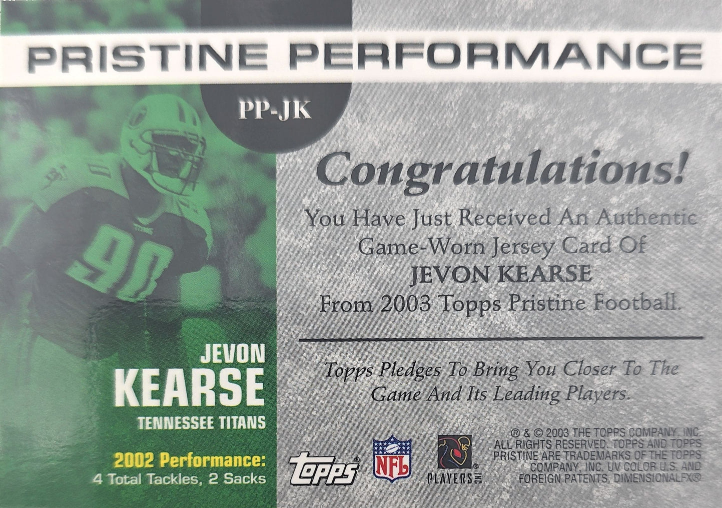 Jevon Kearse 2023 Topps Pristine Performance Game Worn Jersey Patch #PP-JK