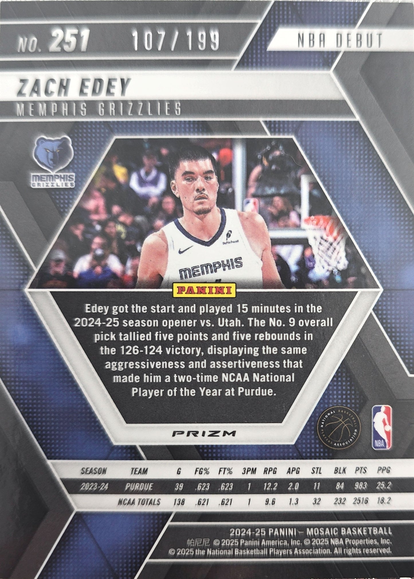 Zach Edey 2024-2025 Panini Mosaic Blue Reactive Prizm NBA Debut 107/199 Rookie #251 (RC)
