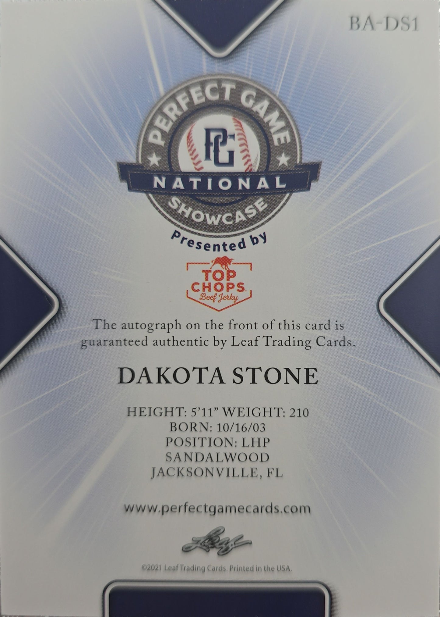 Dakota Stone 2021 Leaf Perfect Game National Showcase Auto Black 44/50 #BA-DS1