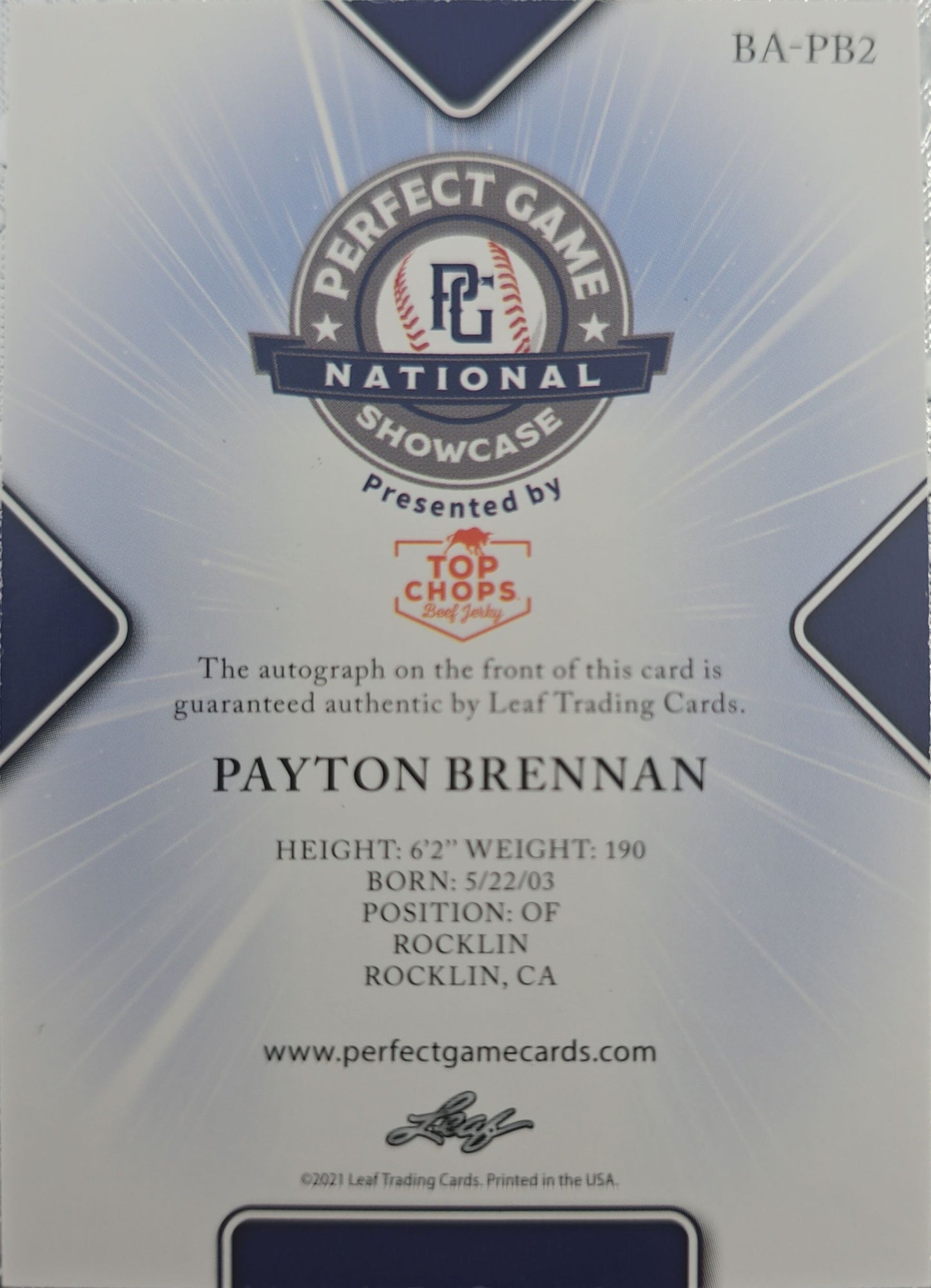 Payton Brennan 2021 Leaf Perfect Game National Showcase Auto Black 8/50 #BA-PB2