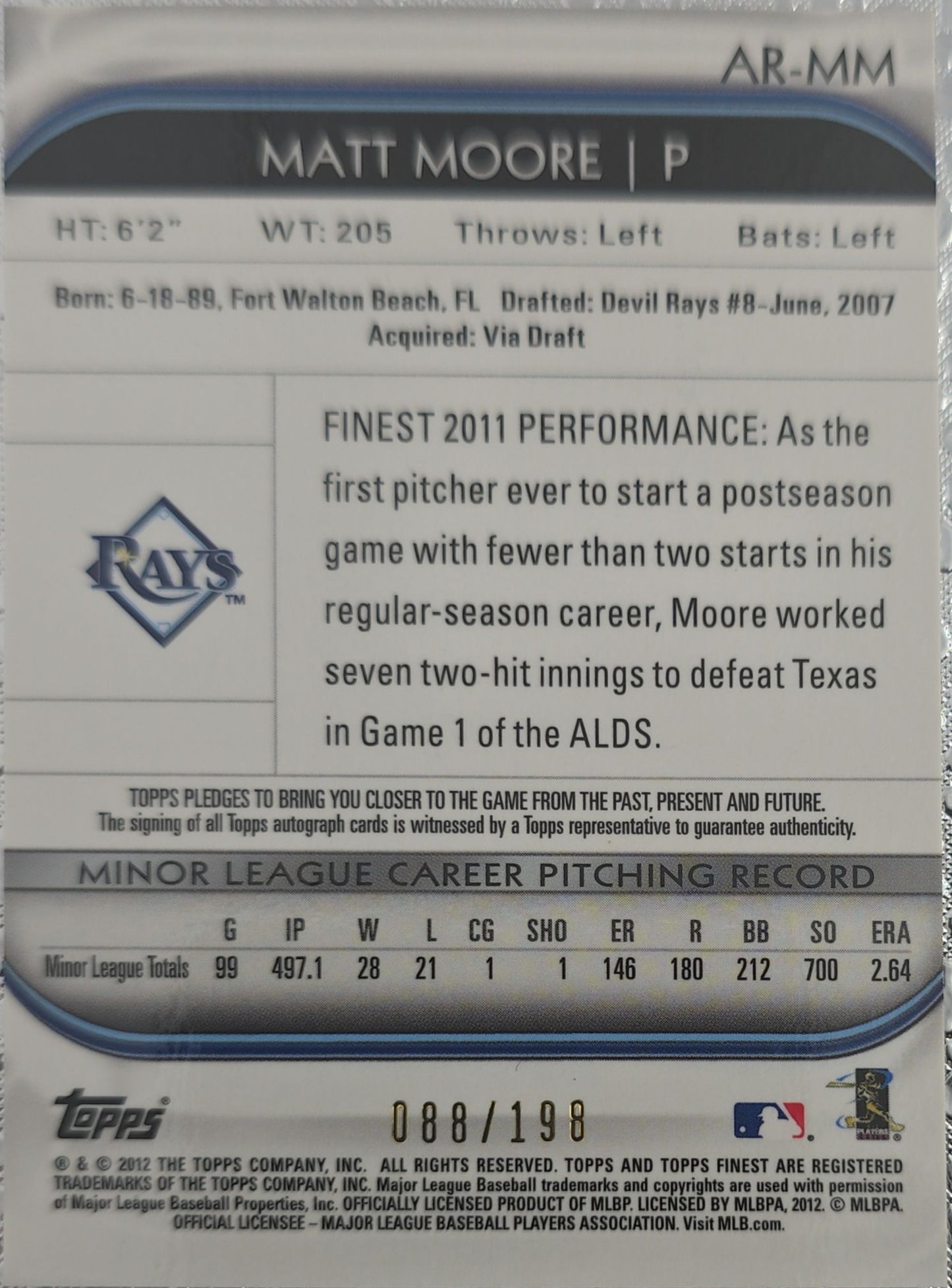 Matt Moore 2012 Topps Finest Rookies Refractor Auto 88/198 #AR-MM (RC)