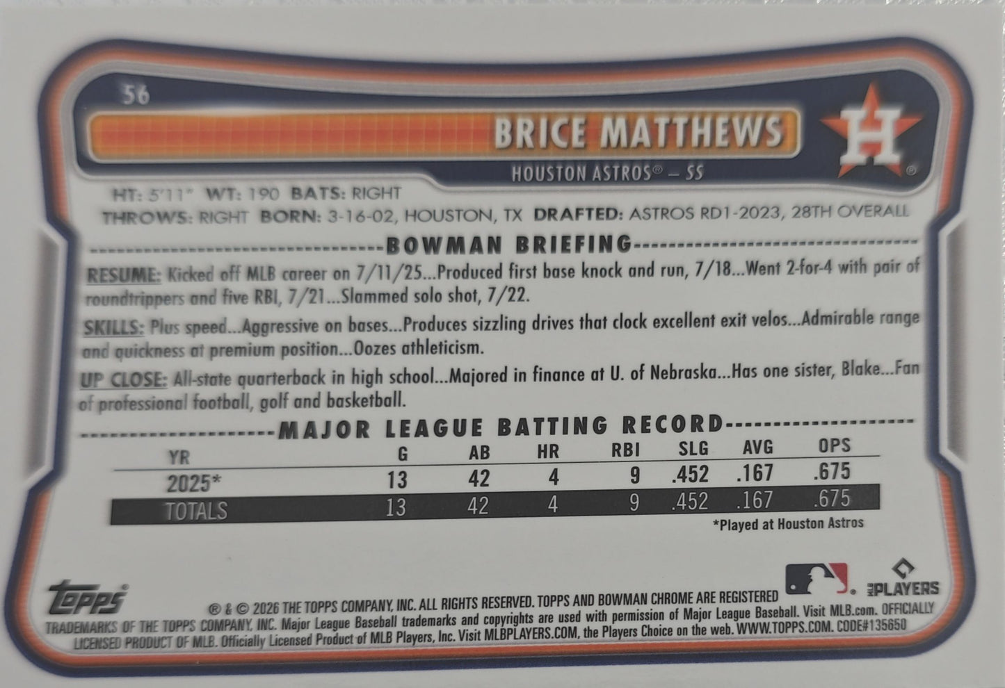 Brice Matthews 2026 Bowman Chrome Red Rookie #56 (RC)