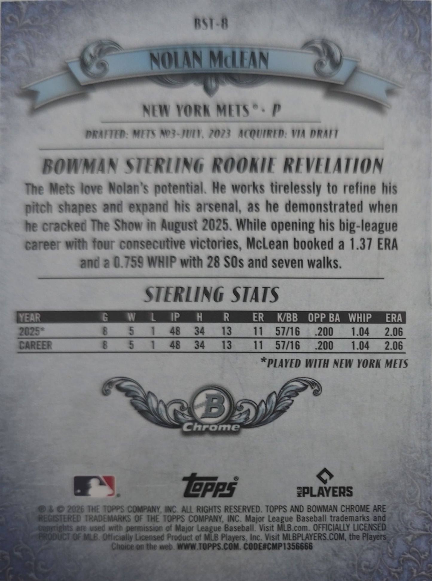 Nolan McLean 2026 Bowman Sterling Mojo Refractor Rookie #BST-8 (RC)
