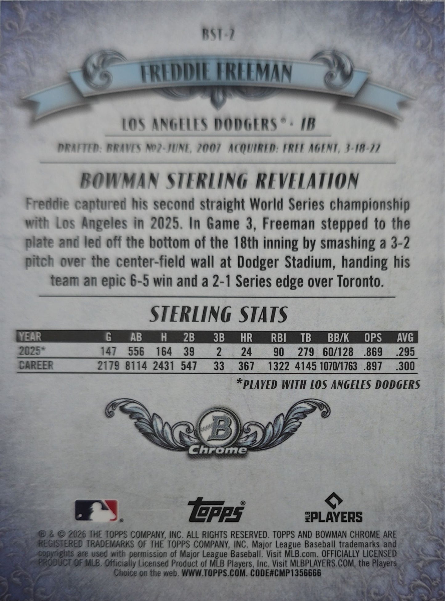 Freddie Freeman 2026 Topps Bowman Sterling Mojo Refractor #BST-2