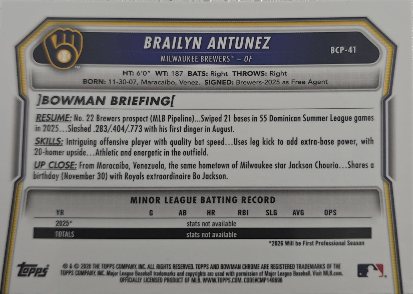 Brailyn Antunez 2026 Bowman 1st Chrome Mojo Refractor #BCP-41