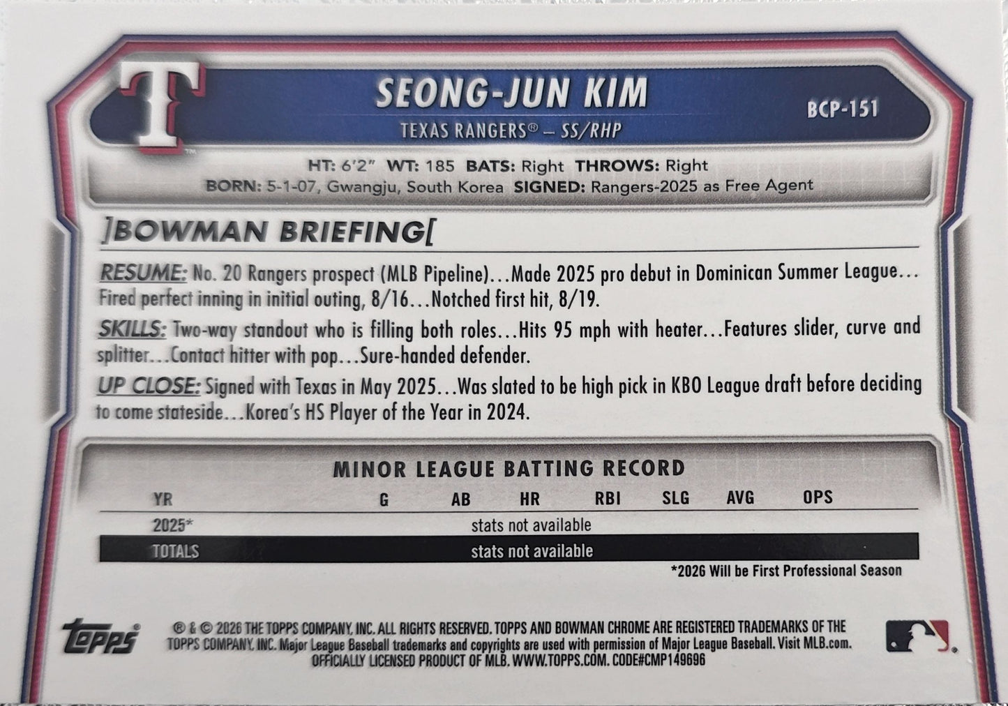 Seong Jun Kim 2026 1st Bowman Chrome Mojo Refractor #BCP-151