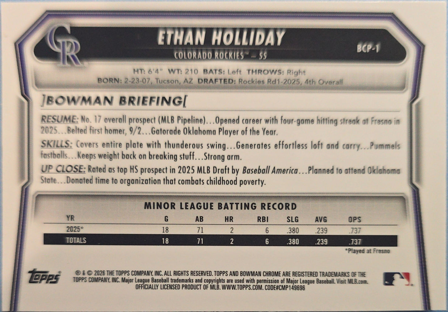 Ethan Holiday 2026 1st Bowman Chrome Mojo Refractor #BCP-1
