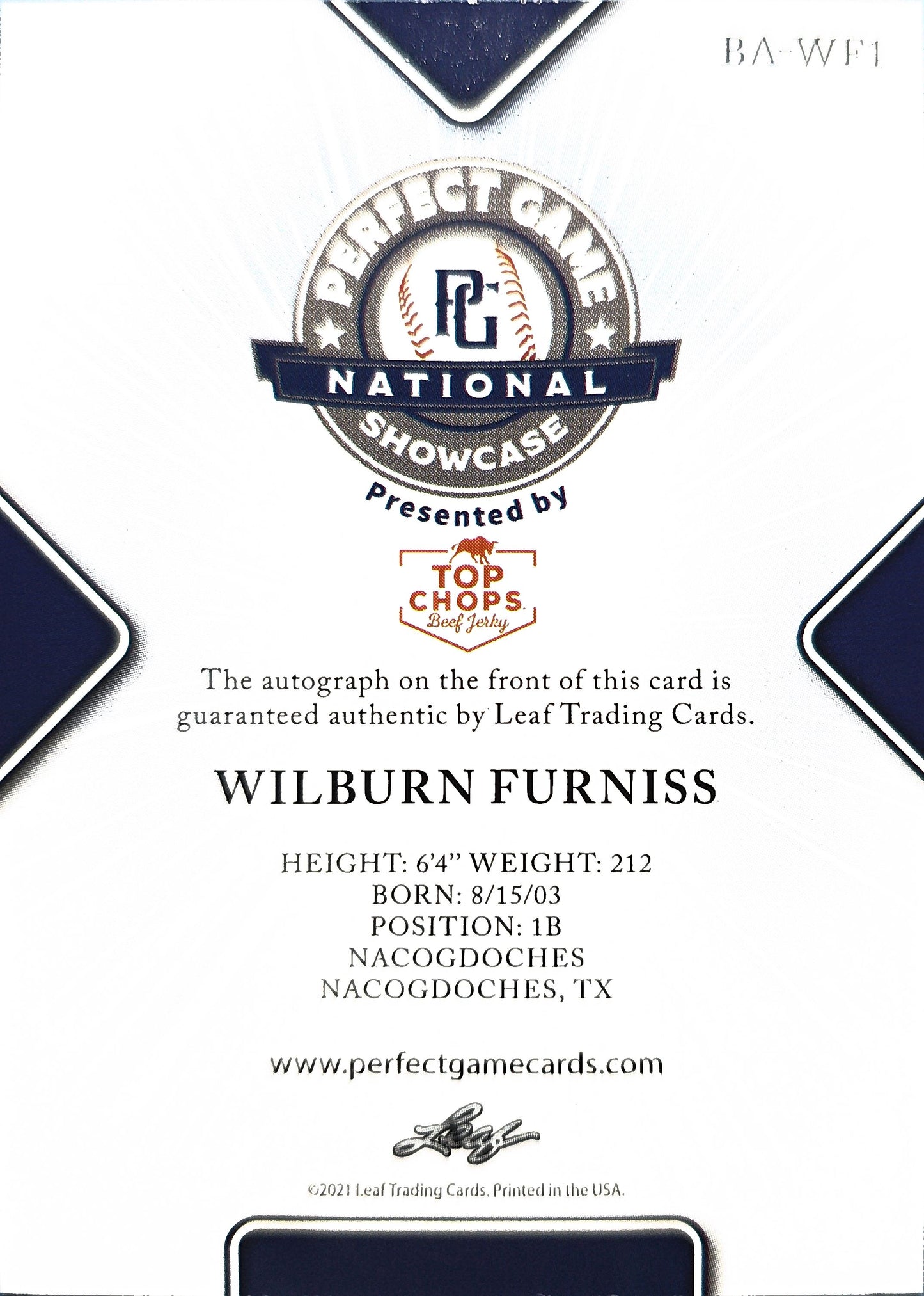 Wilburn Furniss 2021 Leaf Perfect Game National Showcase Auto Black 12/50 #BA-WF1