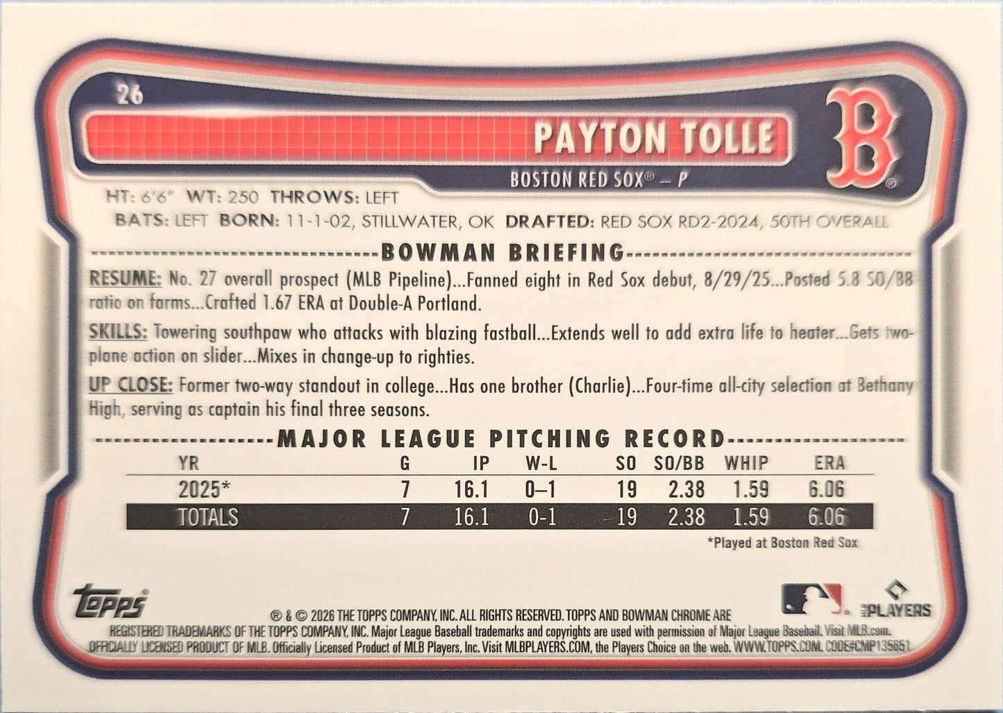 Payton Tolle 2026 Bowman Chrome Mojo Refractor Rookie #26 (RC)