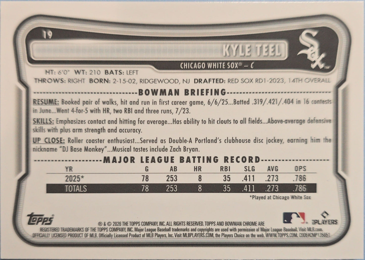 Kyle Teel 2026 Bowman Chrome Mojo Refractor Rookie #19 (RC)