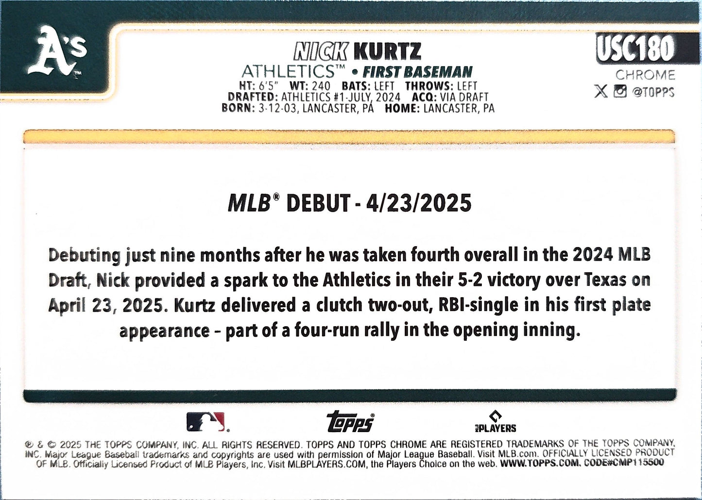 Nick Kurtz 2025 Topps Chrome Rookie Debut #USC180 (RC)