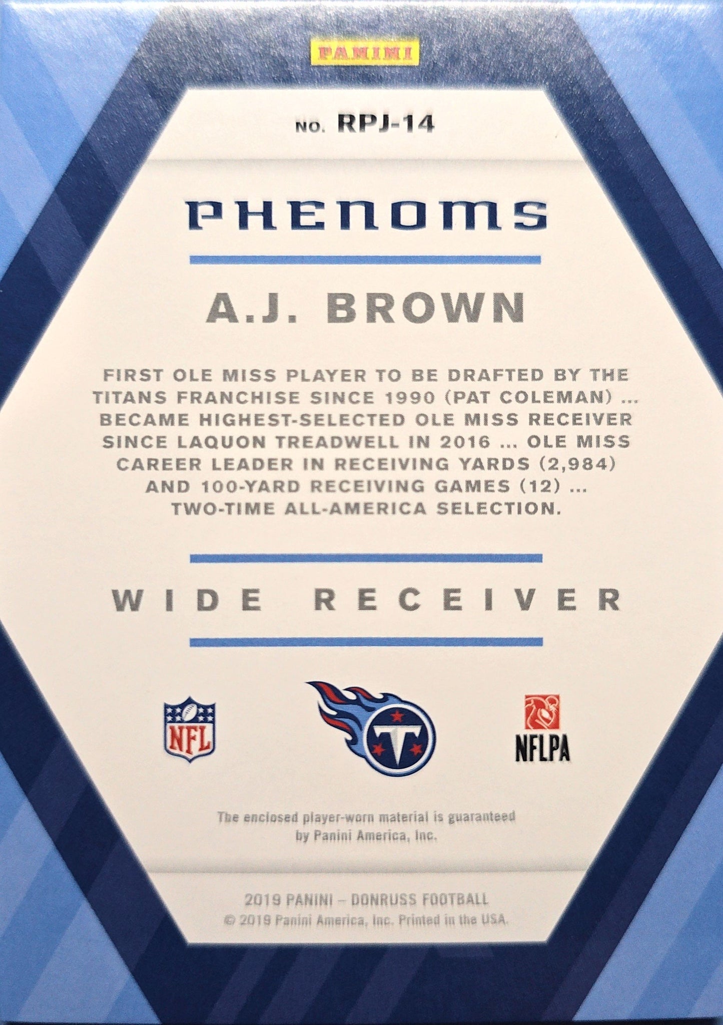 A.J. Brown 2019 Panini Rookie Phenoms Jersey Patch #RPJ-14