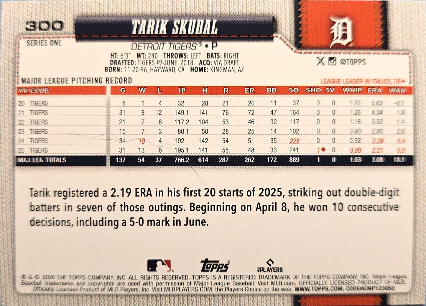 Tarik Skubal 2026 Topps Silver Crackle Foil #300