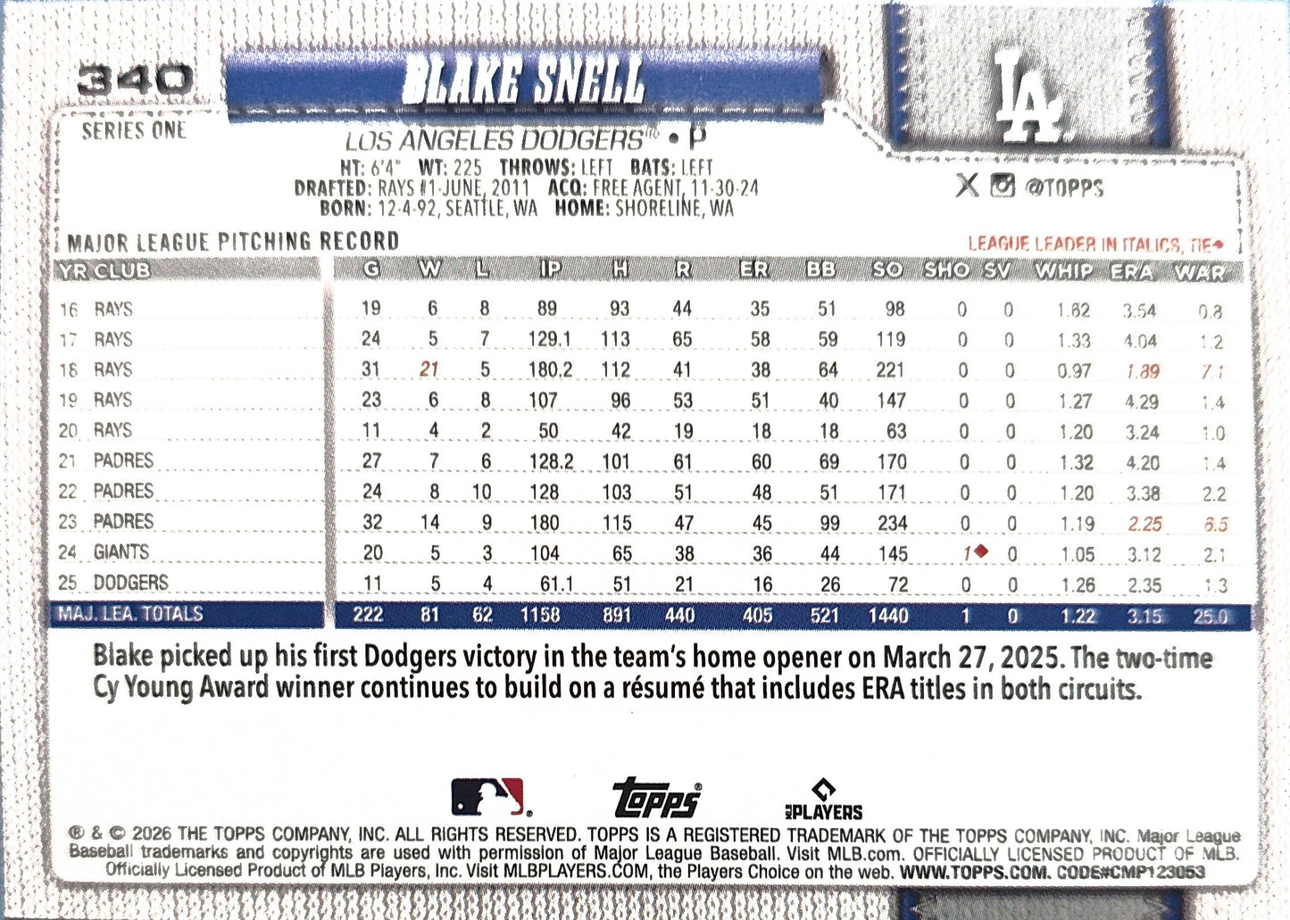 Blake Snell 2026 Topps Silver Sparkle #340