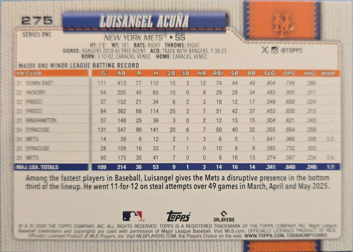 Luisangel Acuna 2026 Topps 75th Anniversary #275