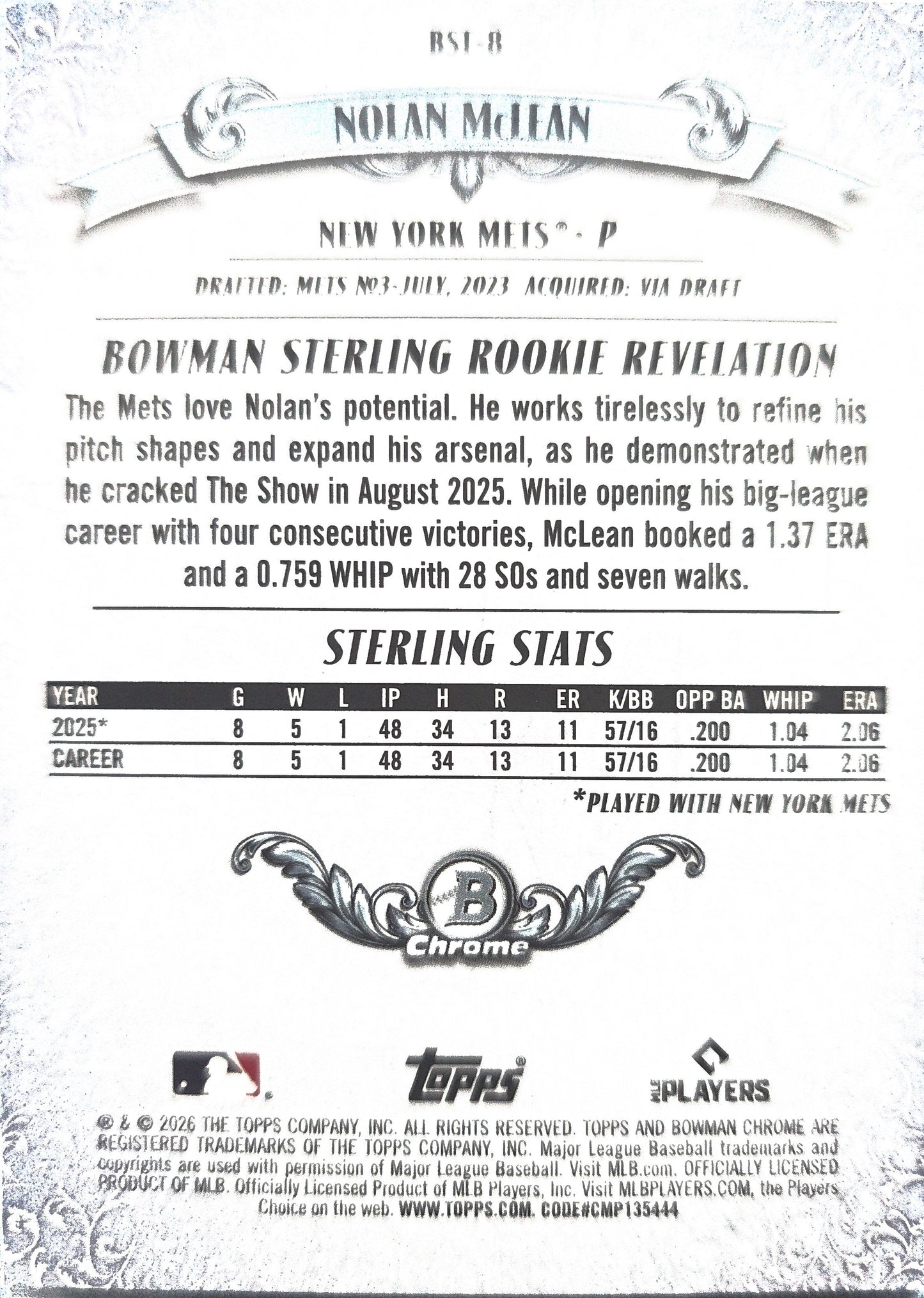 Nolan McLean 2026 Bowman Sterling Rookie Revelation #BSI-8 (RC)
