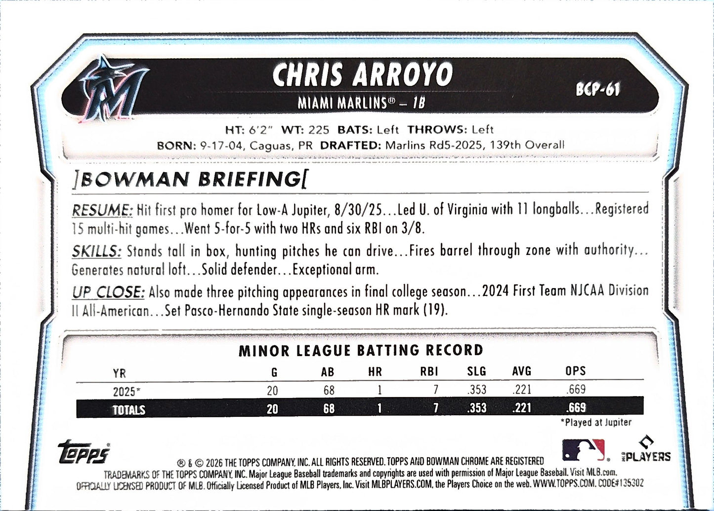 Chris Arroyo 2026 1st Bowman Chrome Wave Refractor #BCP-61