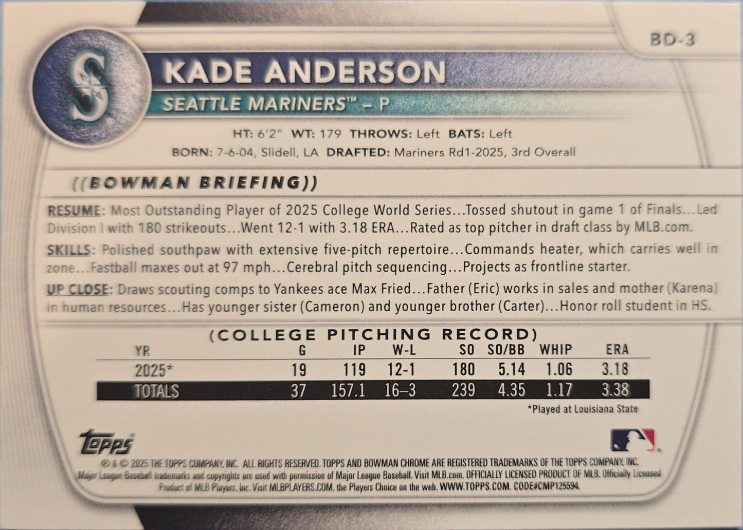 Kade Anderson 2025 1st Bowman #BD-3