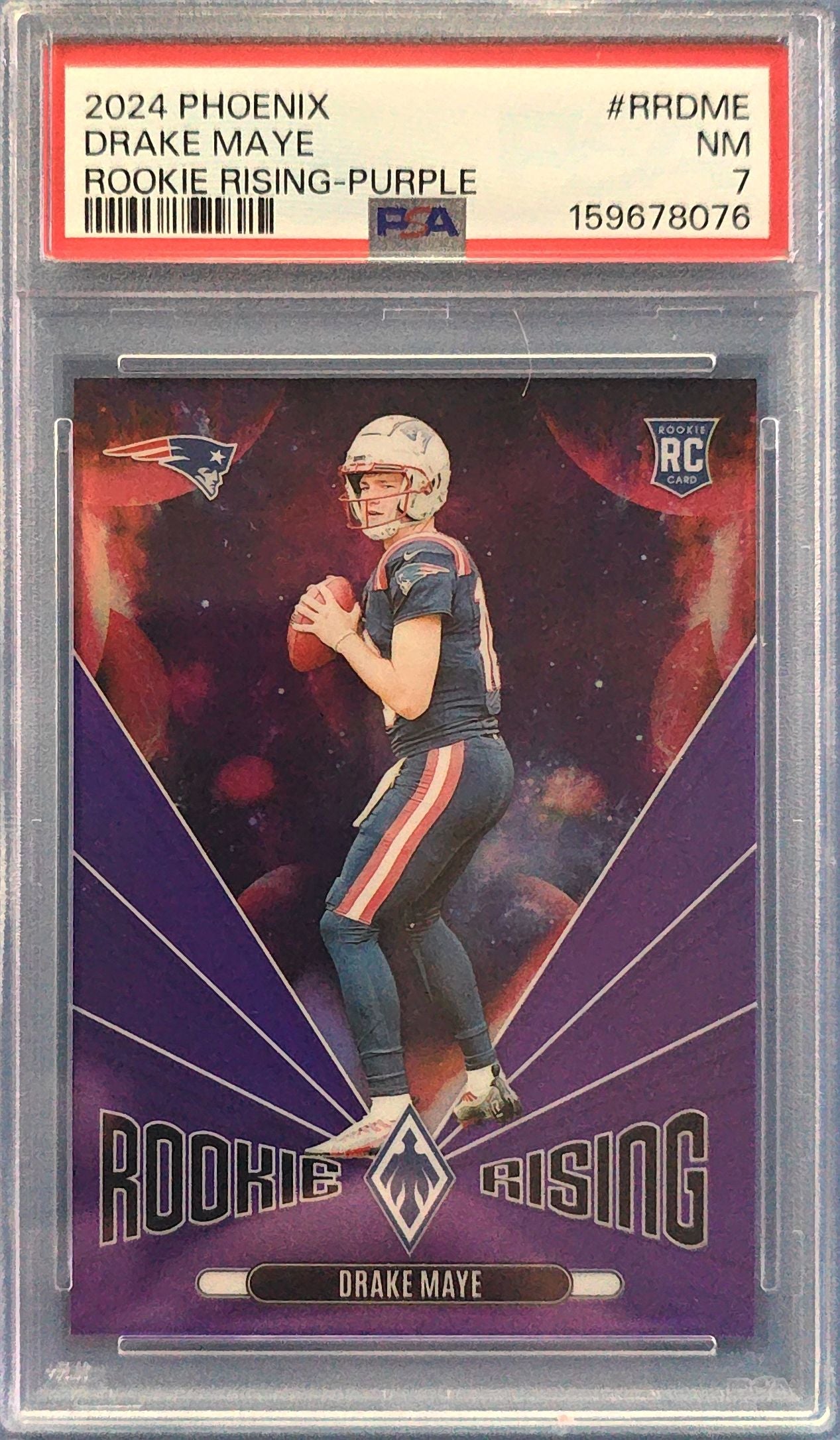 Drake Maye 2024 Panini Phoenix Rookie Rising Purple #RR-DME (RC) PSA 7