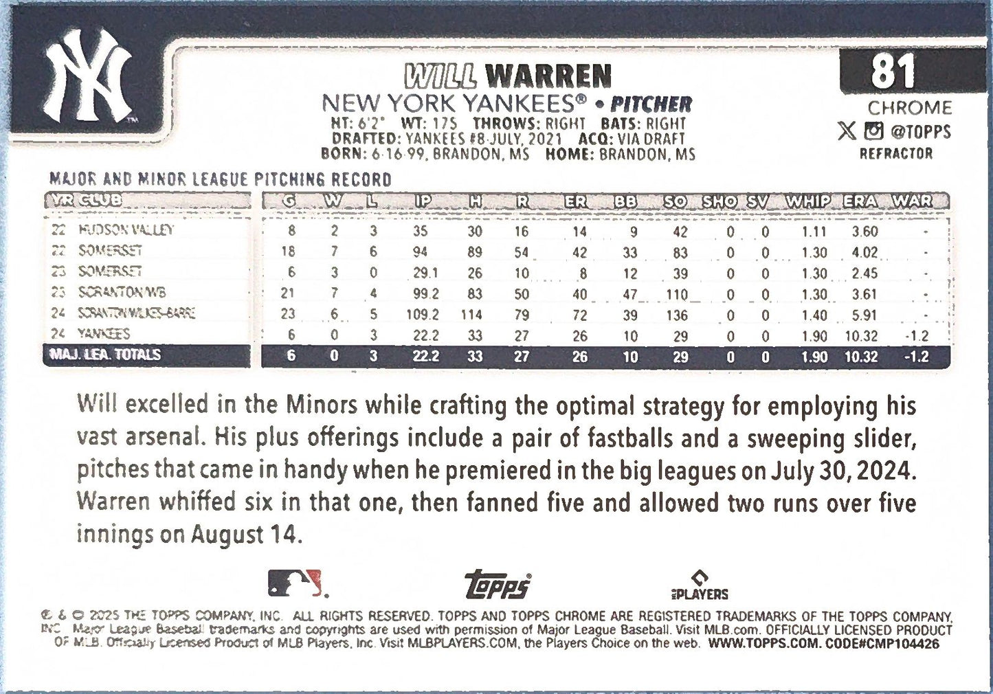 Will Warren 2025 Topps Chrome Rookie Refractor #81 (RC)