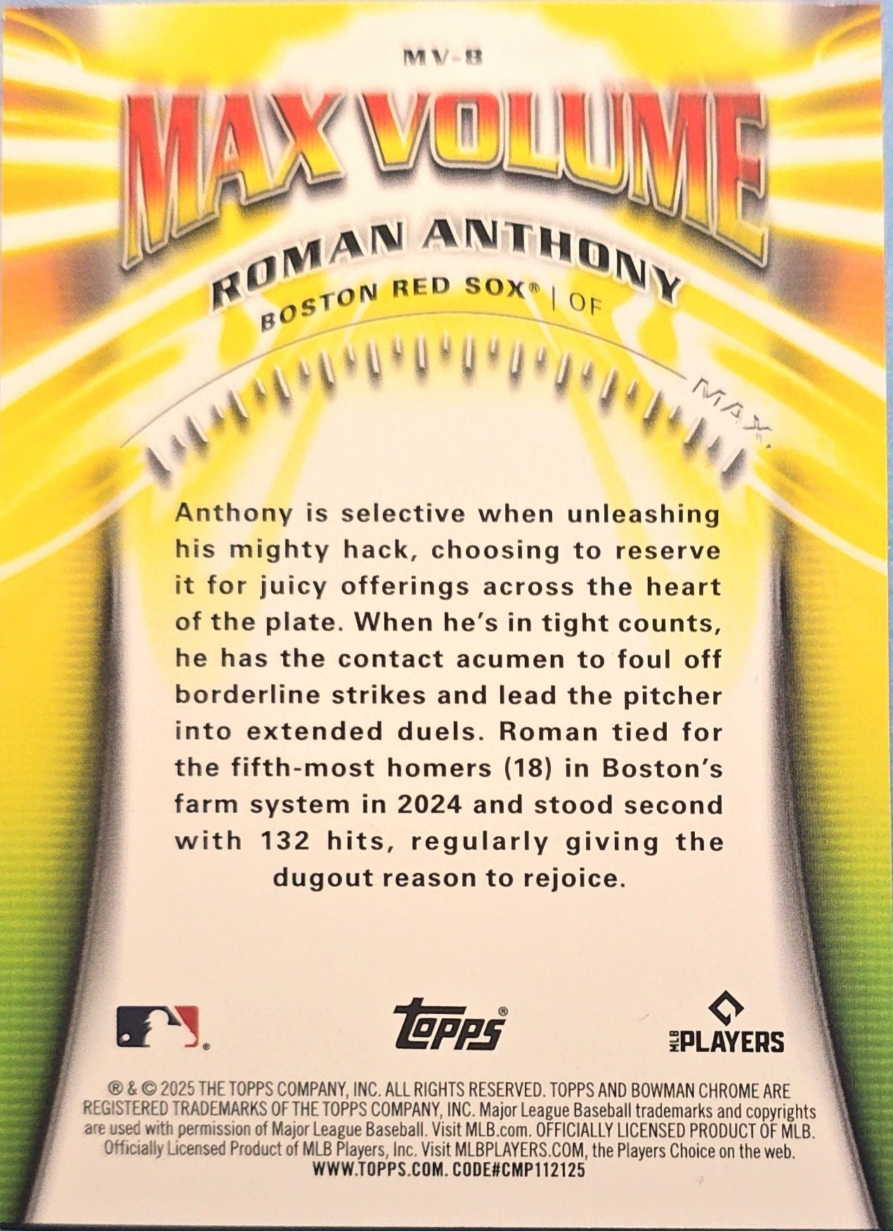 Roman Anthony 2025 Bowman Chrome Max Volume #MV-8