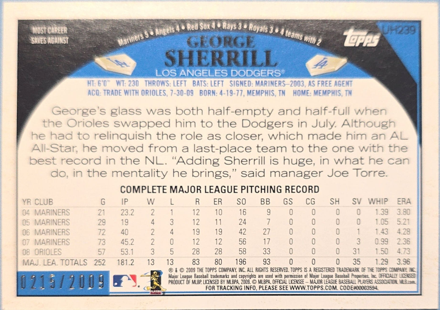 George Sherrill 2009 Topps Updates & Highlights Gold #UH269 /2009