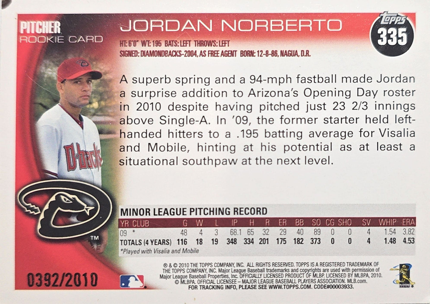 Jordan Norberto 2010 Topps Gold Rookie #335 /2010