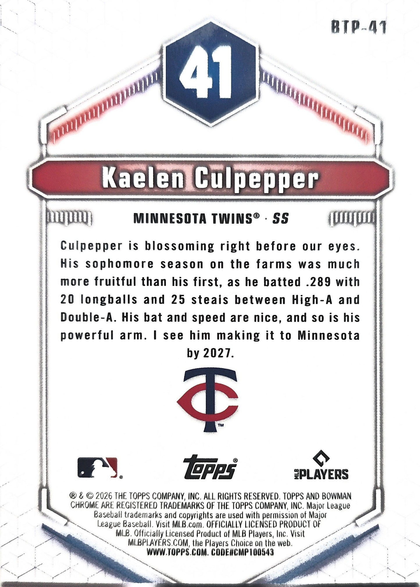 Kaelen Culpepper 2026 Bowman Chrome Top 100 #BTP-41