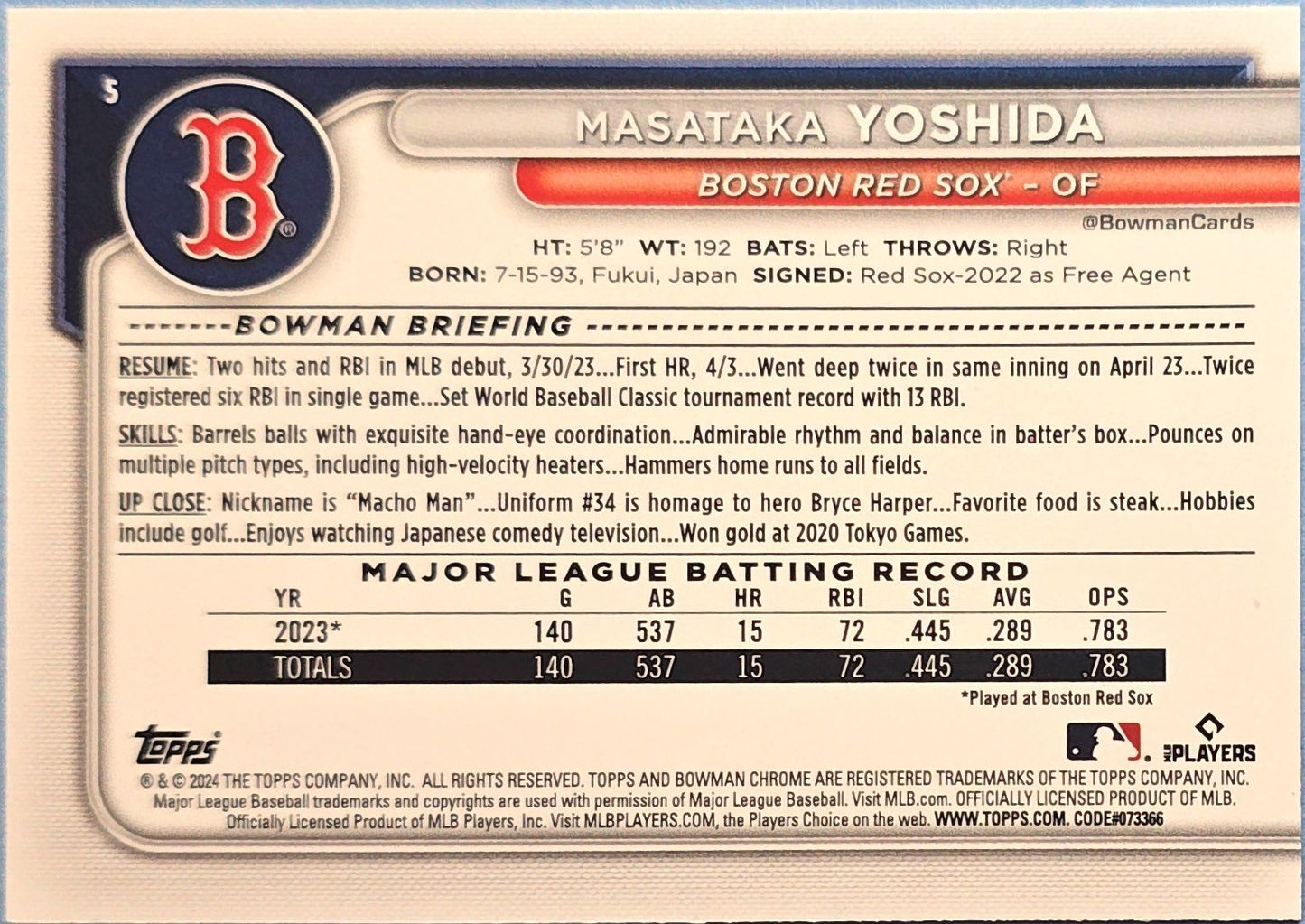 Masataka Yoshida 2024 Bowman Chrome Fuchsia Mojo Refractor #5 /299