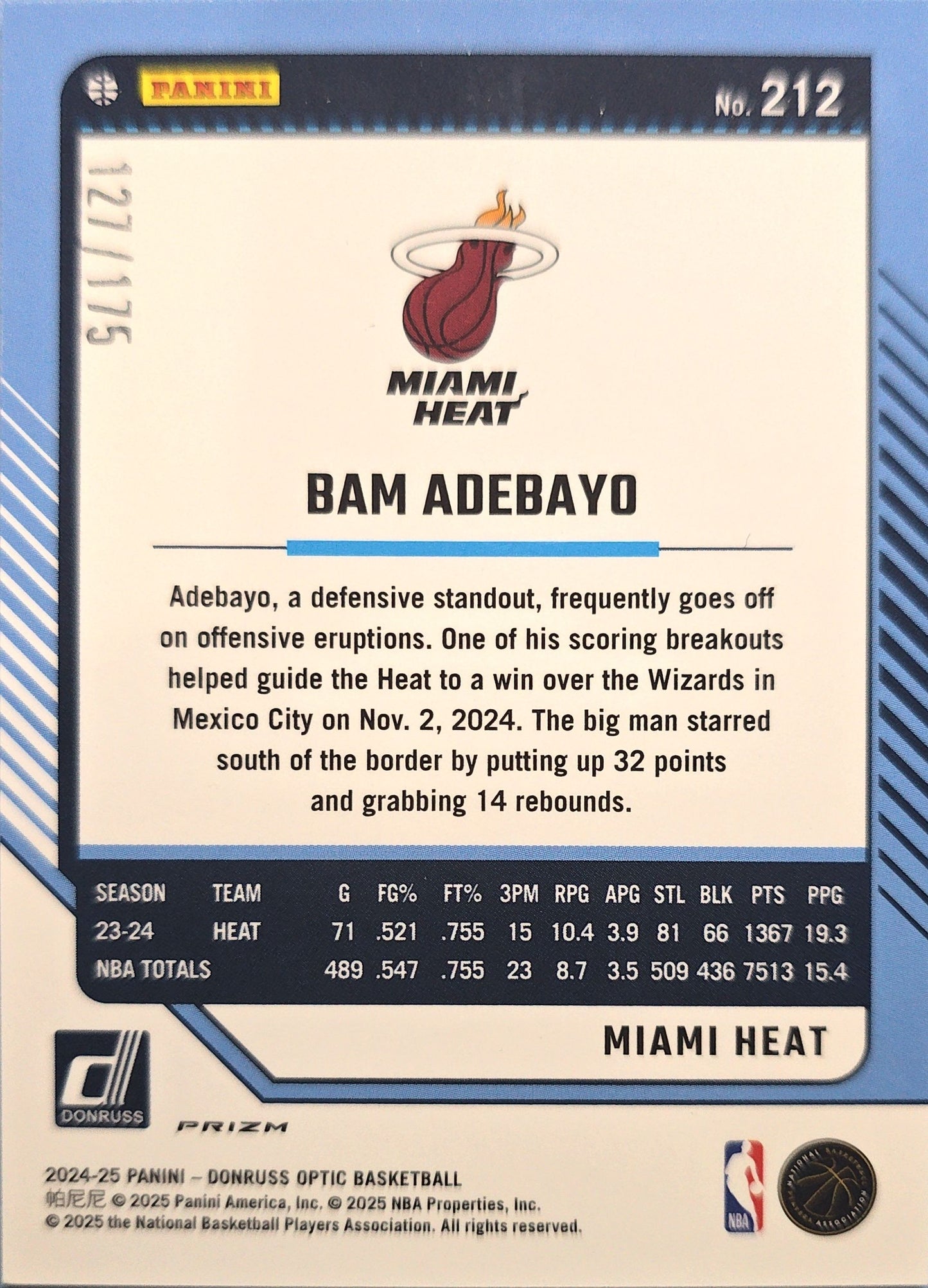 Bam Adebayo 2024-2025 Panini Donruss Optic Blue Hyper Prizm #212 /175
