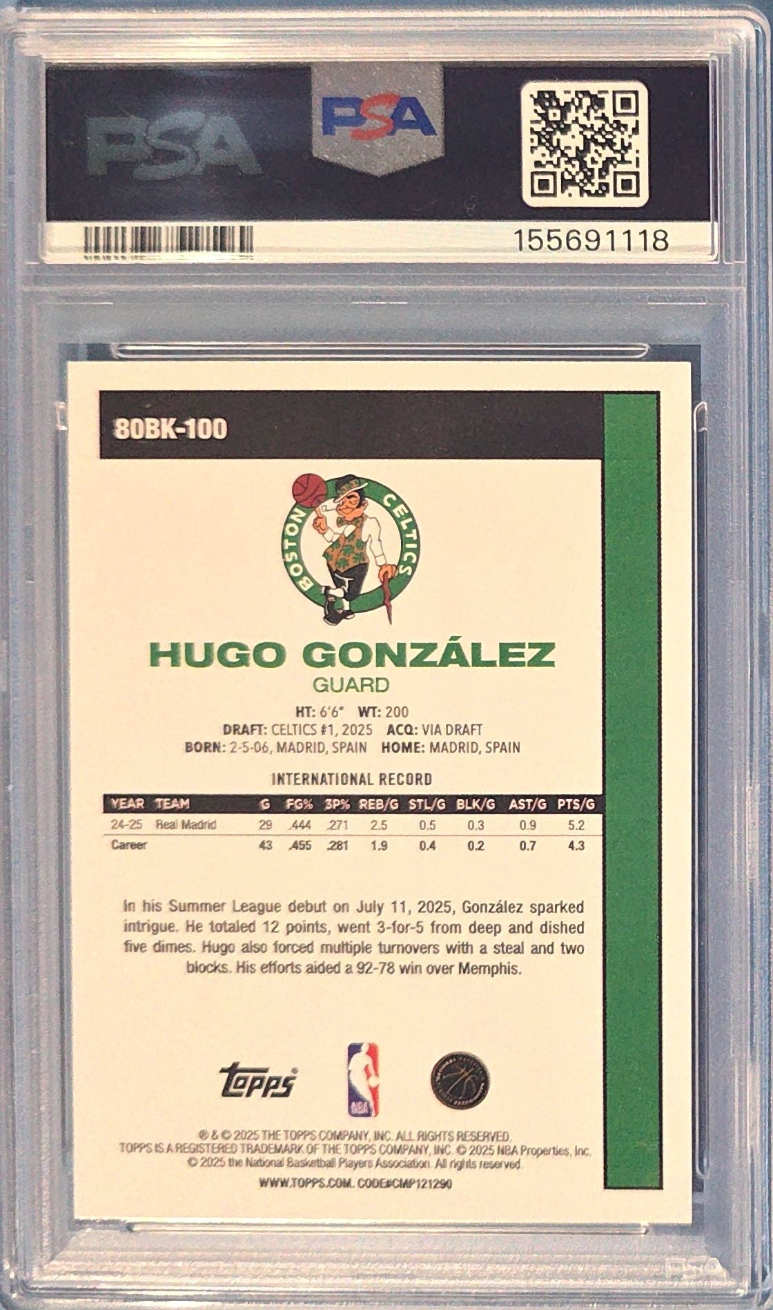 Hugo Gonzalez 2025 Topps 1980 Topps Basketball Rookie #80BK-100 (RC) PSA 9