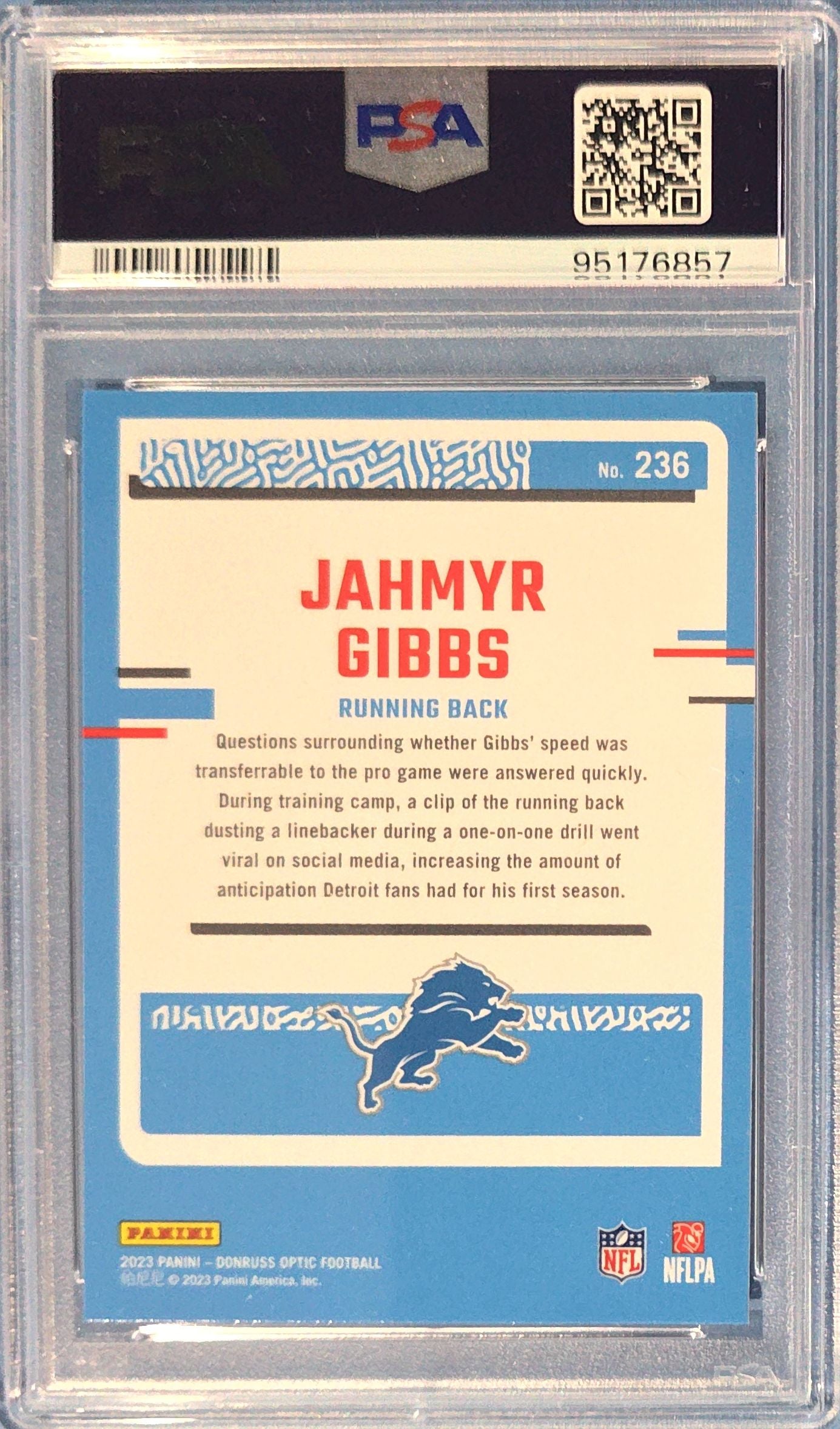 Jahmyr Gibbs 2023 Donruss Optic Rated Rookie #236 (RC) PSA 8