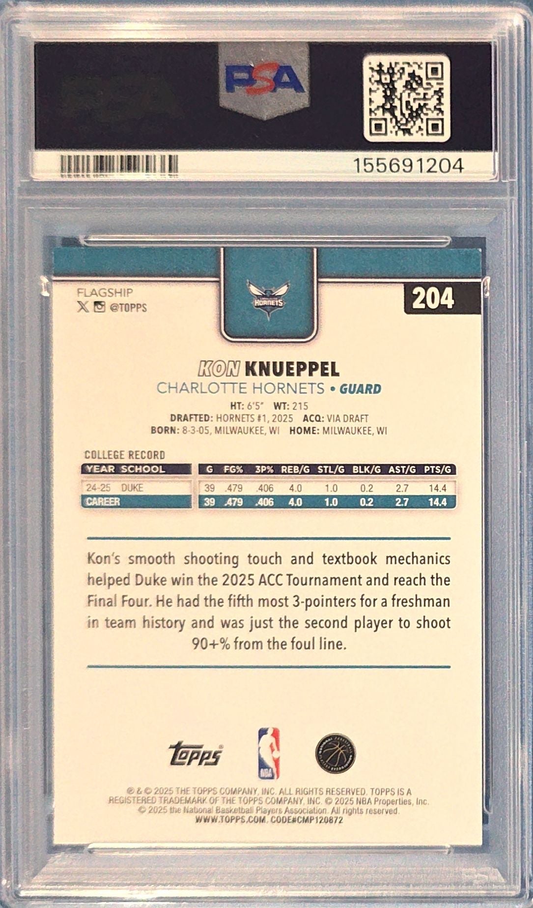 Kon Knueppel 2025 Topps Rookie #204 (RC) PSA 9 Cert x04