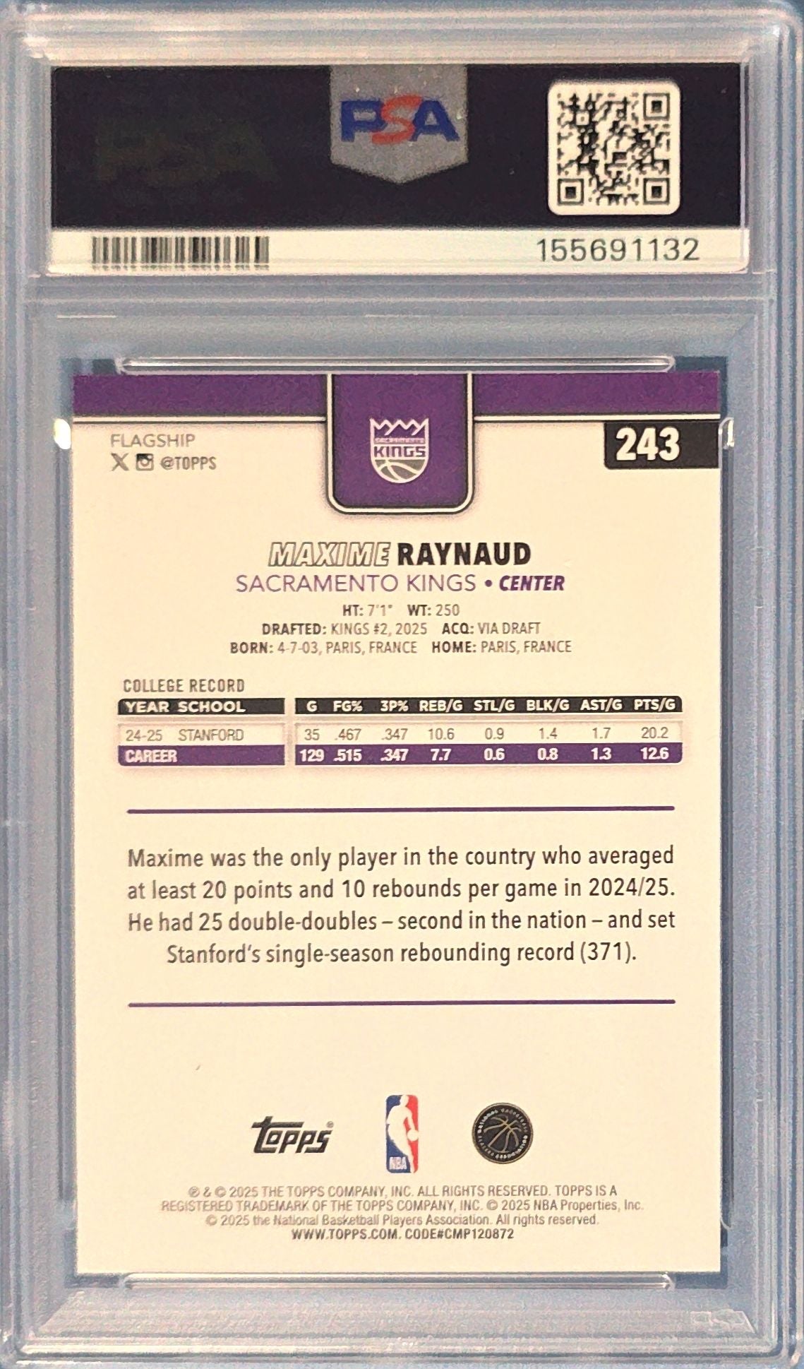 Maxime Raynaud 2025 Topps Rookie #243 (RC) PSA 7