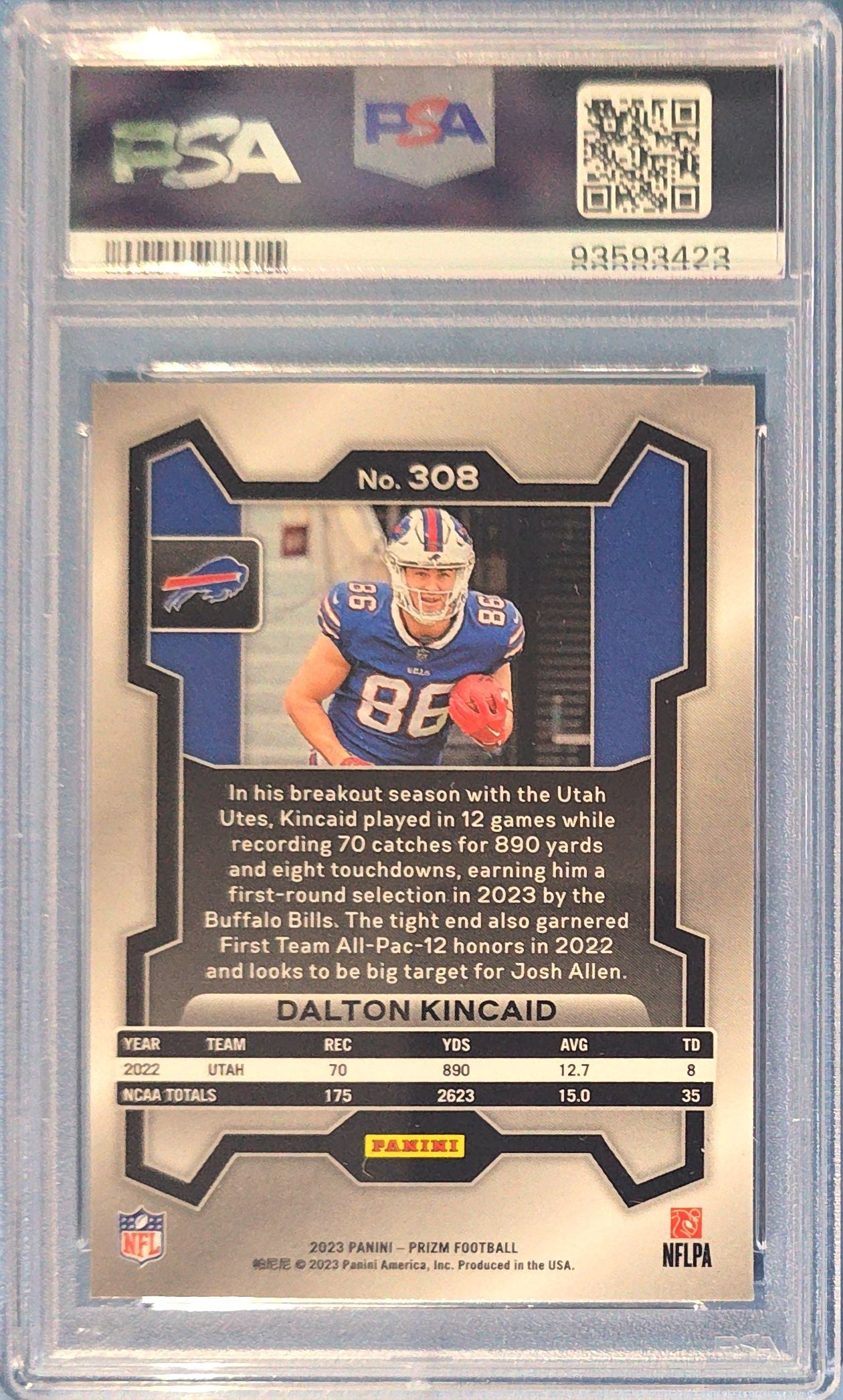 Dalton Kincaid 2023 Panini Prizm Rookie #308 (RC) PSA 8 Cert x23