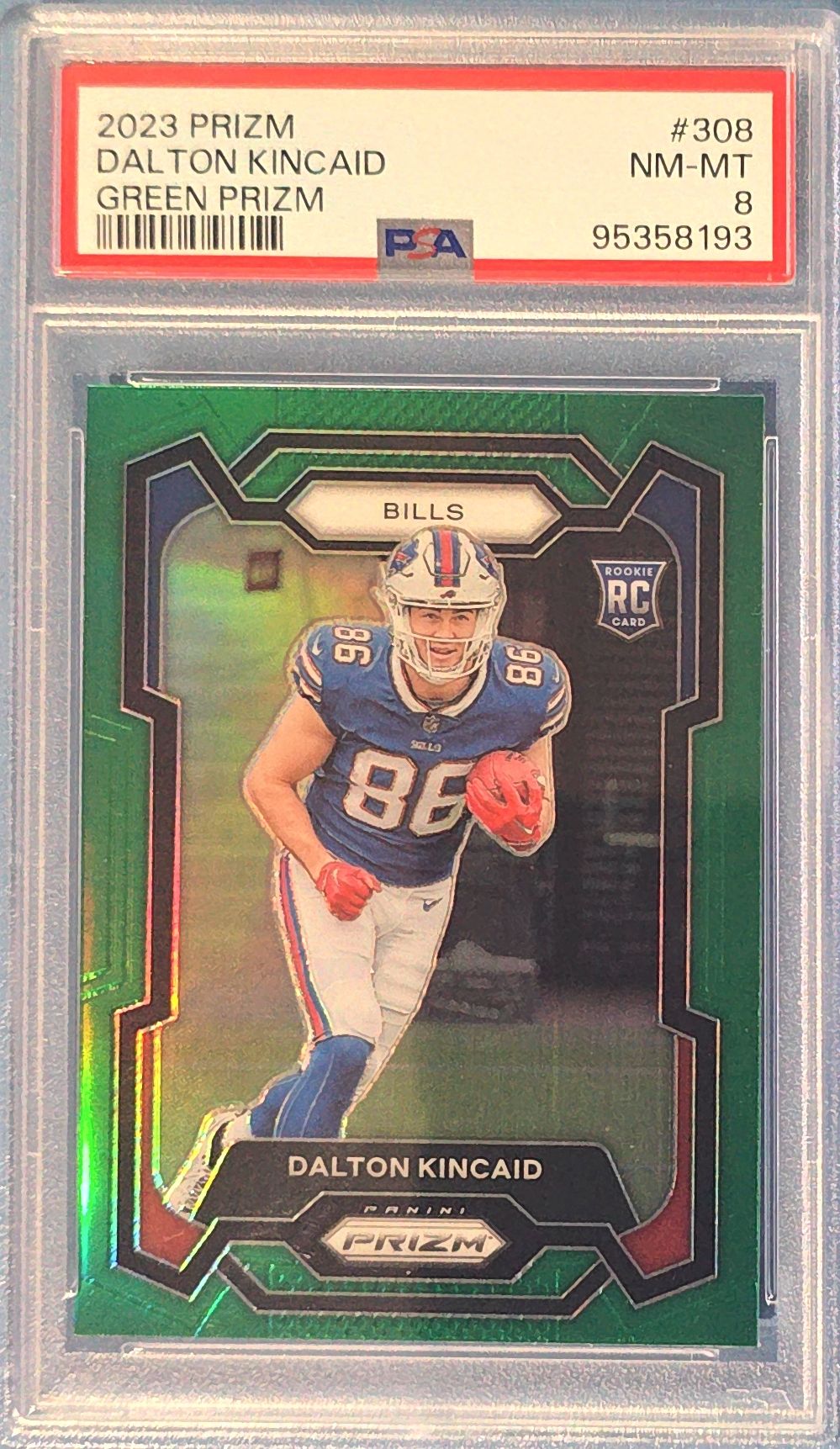 Dalton Kincaid 2023 Panini Prizm Green Prizm Rookie #308 (RC) PSA 8