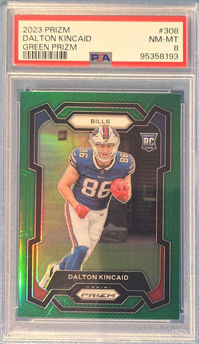 Dalton Kincaid 2023 Panini Prizm Green Prizm Rookie #308 (RC) PSA 8