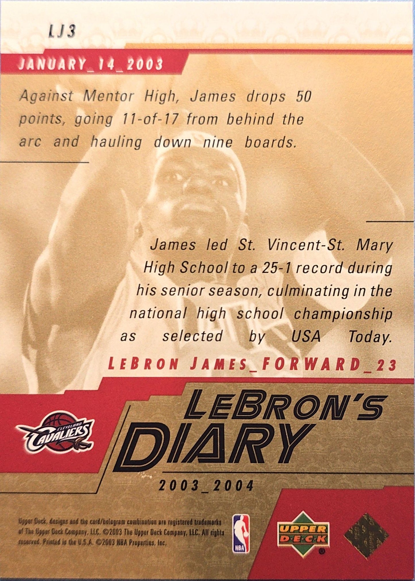 LeBron James 2003-2004 Upper Deck LeBron's Diary #LJ3