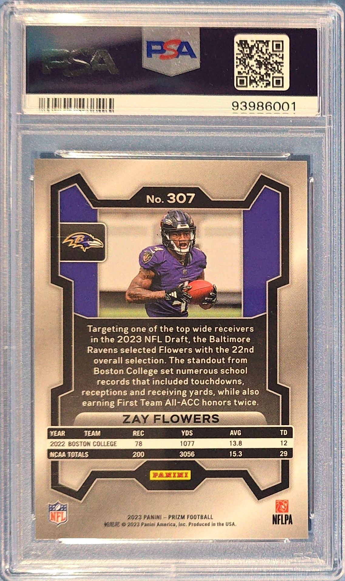 Zay Flowers 2023 Panini Prizm Rookie #307 (RC) PSA 8