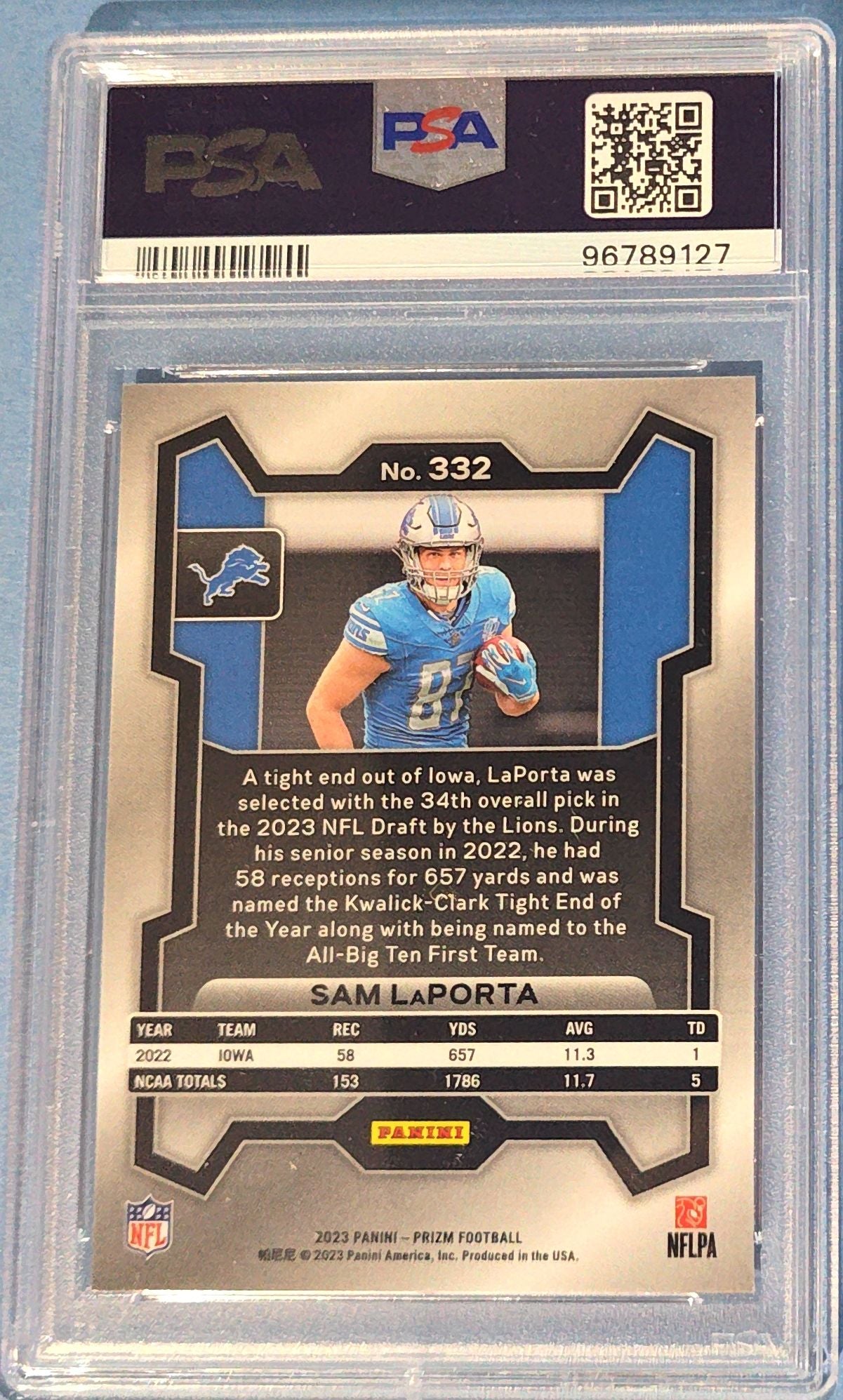 Sam LaPorta 2023 Panini Prizm Rookie #332 (RC) PSA 9