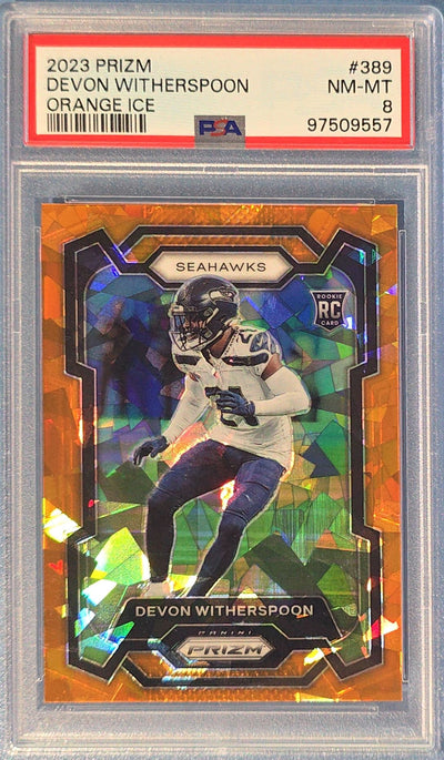 Devon Witherspoon 2023 Panini Prizm Orange Ice Rookie #389 (RC) PSA 8