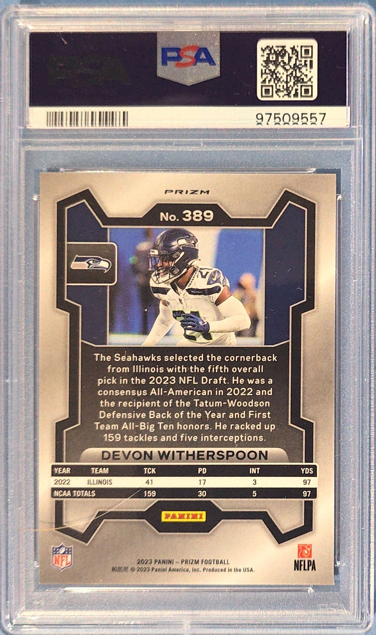 Devon Witherspoon 2023 Panini Prizm Orange Ice Rookie #389 (RC) PSA 8