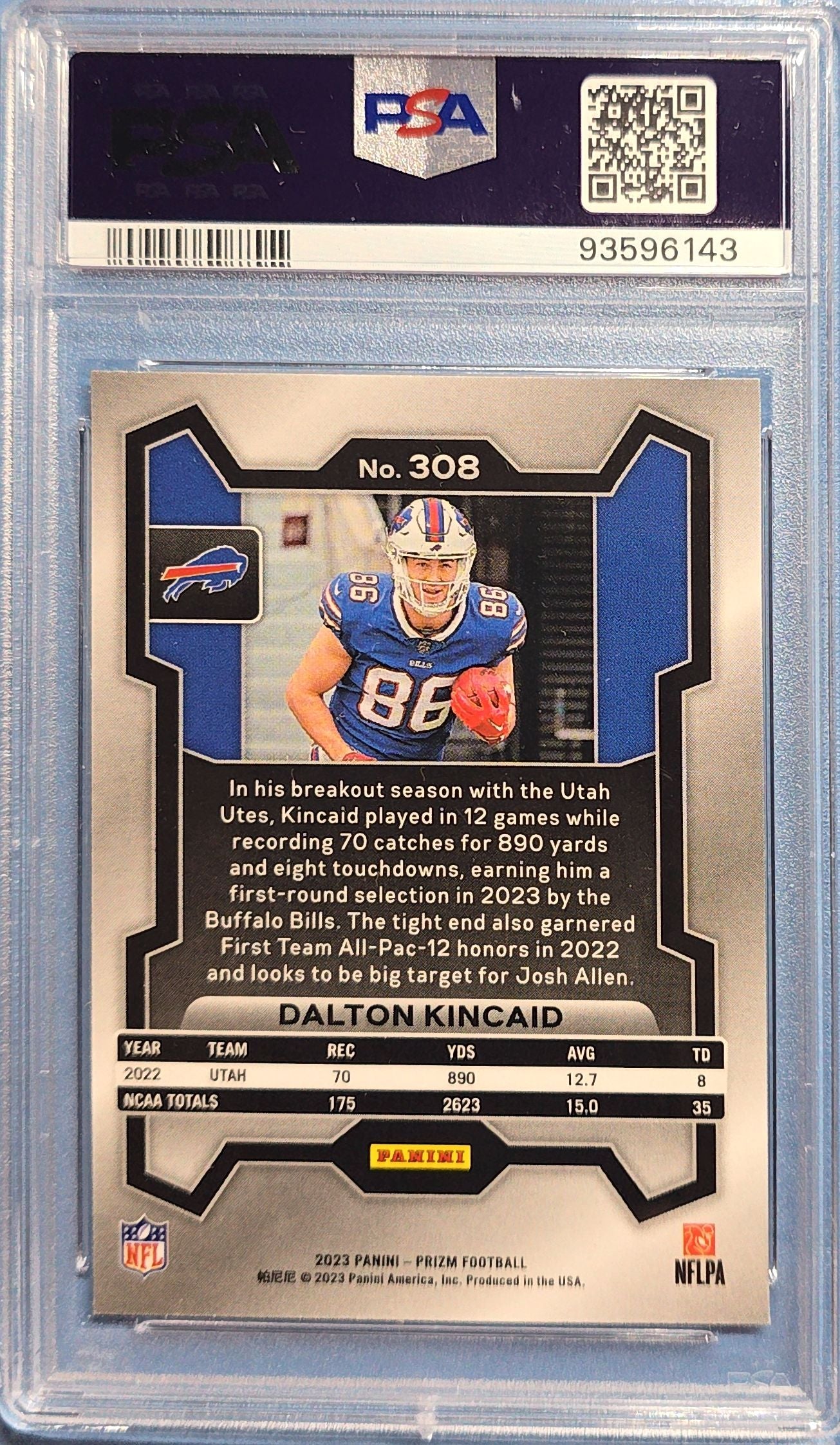 Dalton Kincaid 2023 Panini Prizm Rookie #308 (RC) PSA 9 cert x43