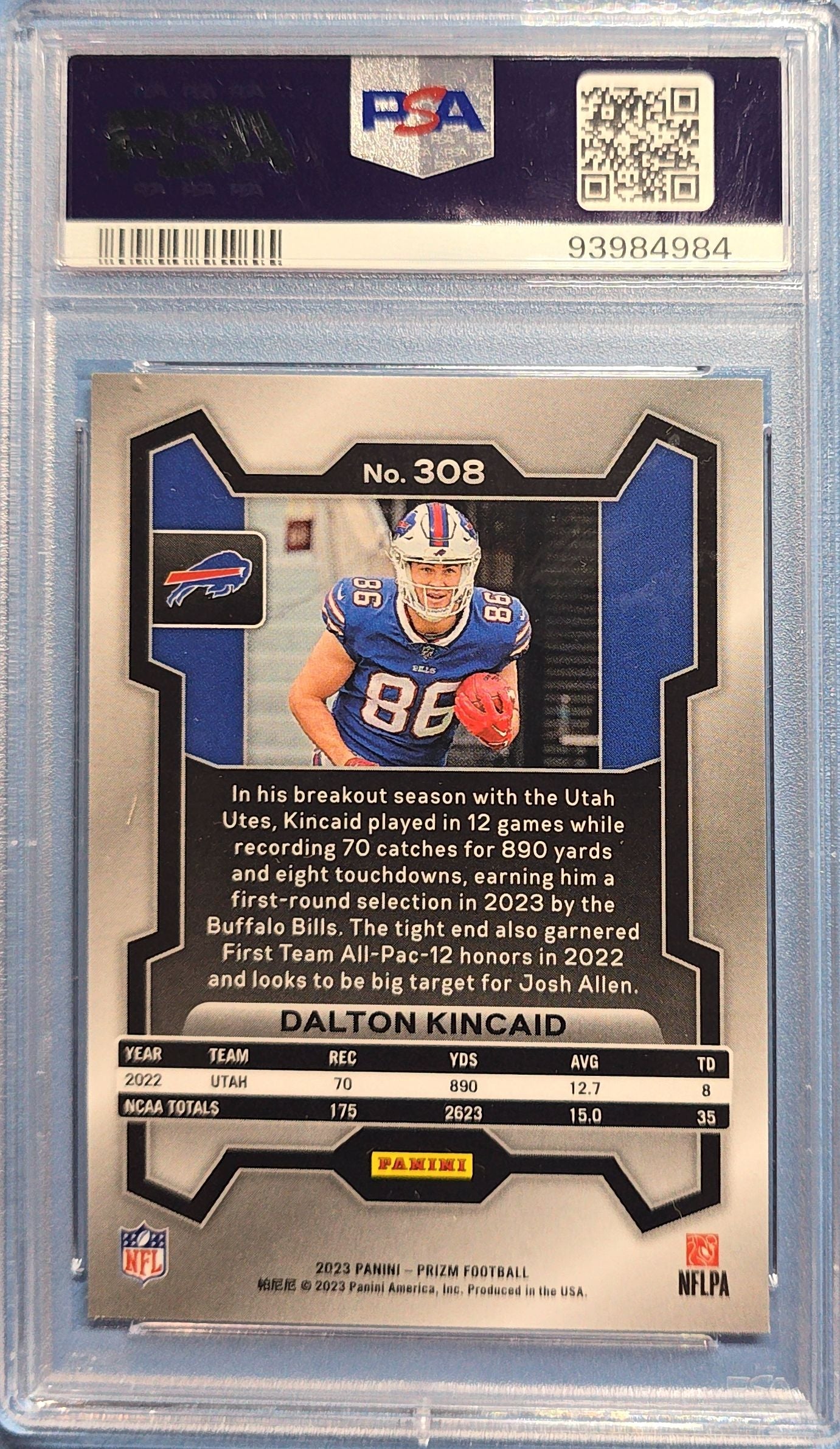 Dalton Kincaid 2023 Panini Prizm Rookie #308 (RC) PSA 8 Cert x84