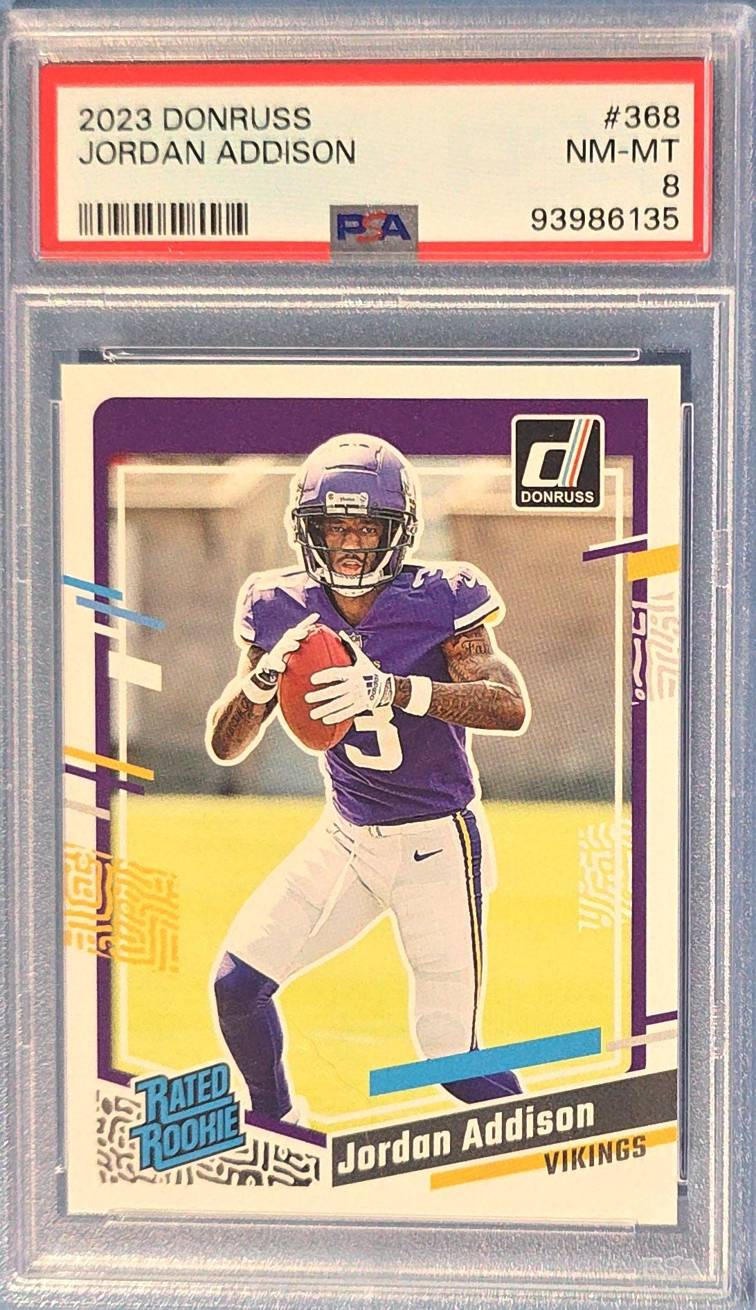 Jordan Addison 2023 Panini Donruss Rated Rookie #368 (RC) PSA 8