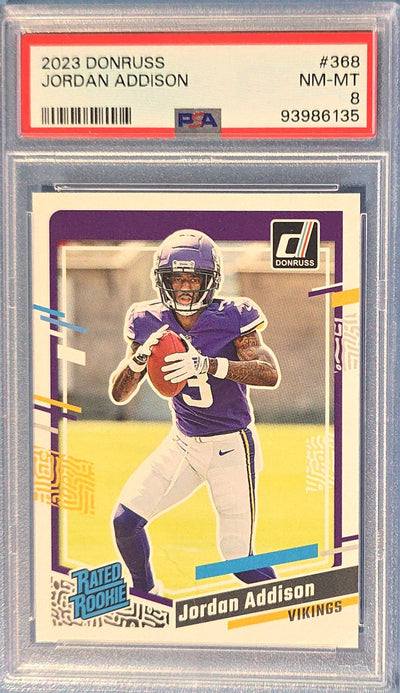 Jordan Addison 2023 Panini Donruss Rated Rookie #368 (RC) PSA 8